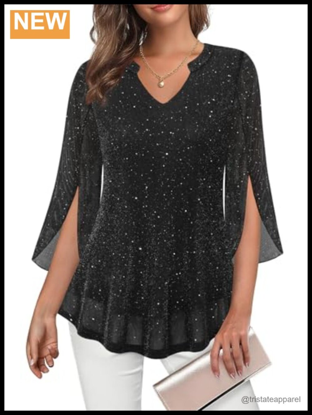 Sequin V-Neck Blouse 3/4 Ruffle Sleeve Sparkly Top Dressy Casual